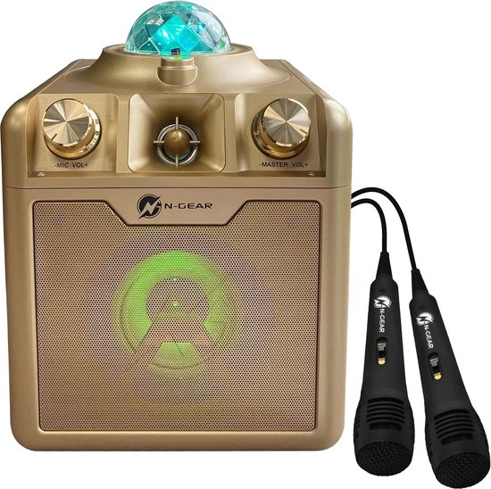 N-GEAR Disco Star 710 Gold - Bluetooth Speaker - Karaoke Set - Party Box met Sterrenprojector & 2 Microfoons