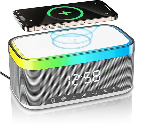 Namajunas - 5-in-1 Wireless LED Speaker - Draadloos - Bluetooth Speaker - 6 Ambient-lampen - Digitale klok, LED-display - Draadloze Muziek Box - Draadloze Oplader - Wireless charger - GSM Lader - voor iPhone/Android/iPad/Samsung - Cadeau van Merkloos