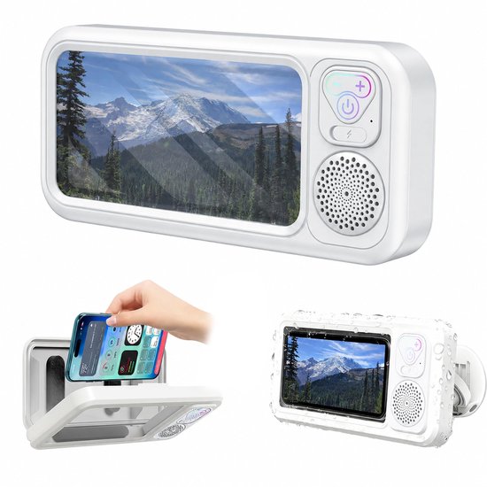 Namajunas - Telefoonhouder met waterdichte Bluetooth-luidspreker - IPX 5 Bedienbaar Touchscreen - 480° rotatie - voor Douche en Bad，Keukens - Waterproof Smartphone Houder - Badkameraccessoires - Wit - Bluetooth Mini Speaker van Namajunas
