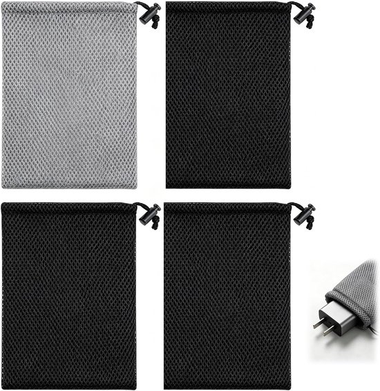 Netzak met trekkoord, 4-delige set, 15 x 10 cm dikke opbergtas met trekkoord, mesh tas voor Mini Stuff MP3-oplader, koptelefoon, sleutels