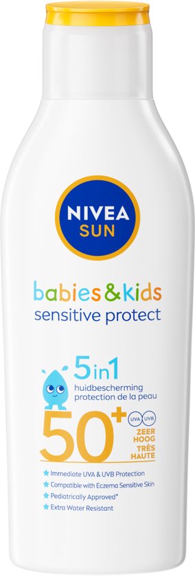 NIVEA SUN Babies & Kids Sensitive Protect Zonnebrand Melk - Baby en Kind - SPF 50+ - Parfumvrij - Geschikt voor de huid met eczeem - Zonbescherming - 200 ml van NIVEA