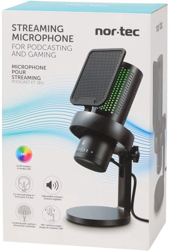 Nor-Tec Streaming Microfoon - USB Microfoon Gaming - Microfoon Podcasting - Professionele Condensator Microfoon - LED Verlichting 6 Modi - Cardioïde Richting - Microfoon voor PC Laptop PS5 - Volume Knop - 180° Verstelbare Standaard