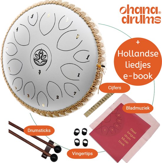 Ohana Drums® 36 cm Handpan Gewoon Wit – Tongue drum – Klankschaal – 15 noten - Handpan - Tong Drum - Klankschalen – Yoga Drum – Lotus Tong - Steeldrum - Muziekinstrument voor kinderen - Mindfulness muziektherapie - Percussie-instrumenten van Ohana Drums