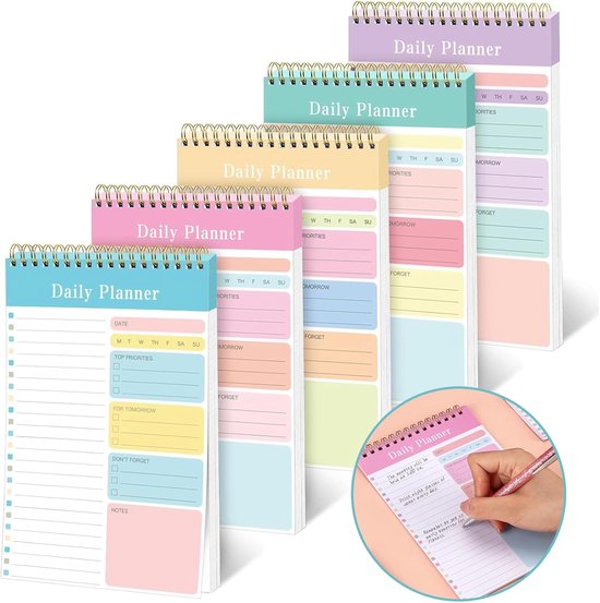 ongedateerd, 5 stuks, takenplanner, ongedateerd notitieboek met to-do-lijst, afsprakenplanner, spiraalblok, to-do-planner, dubbelzijdig schrijven voor kantoor, school