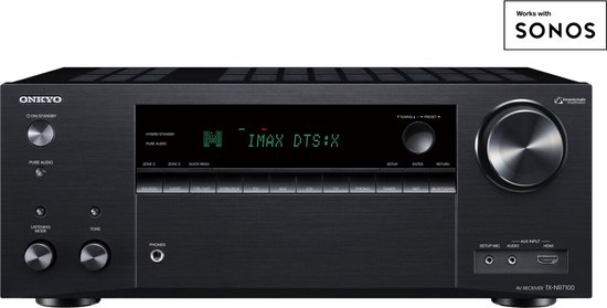 Onkyo TX-NR7100 Black AV-receiver | 9.2 | DAB+ , FM , internetradio | Bluetooth | Wi-Fi | Multiroom | Works with Sonos | DTS Play-Fi | AirPlay 2 | Chromecast | Streaming Services | 8K | HDMI 2.1 | Klipsch Optimize Mode | THX Select van Merkloos