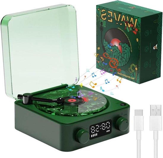 Oplichtend ontwerp Waves vinylspeler met Bluetooth-compatibiliteit - 2024 nieuw model - Aqua Bluetooth-luidspreker - TF/AUX-modi - Perfecte audio-platenspeler voor thuis (kerst) van $