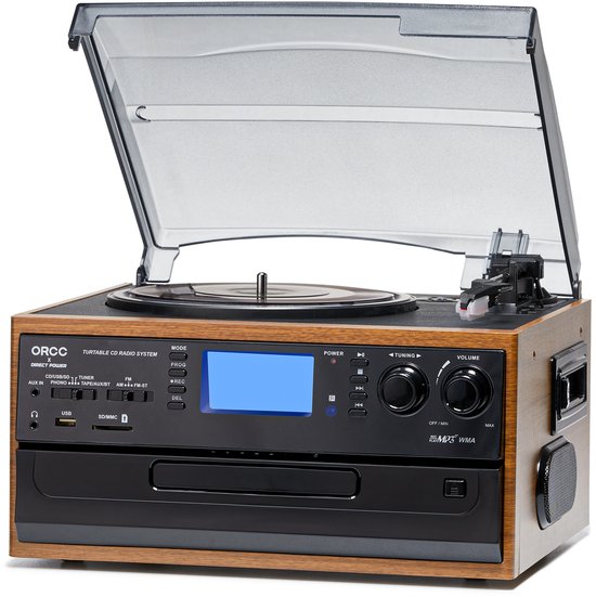 ORCC 10-in-1 Platenspeler Vintage - Bluetooth Vinyl Platenspeler met CD, USB, SD, AUX, RCA, Ingebouwde Stereo Speakers, Afstandsbediening, 33/45/78 RPM en Houten Behuizing - Bruin