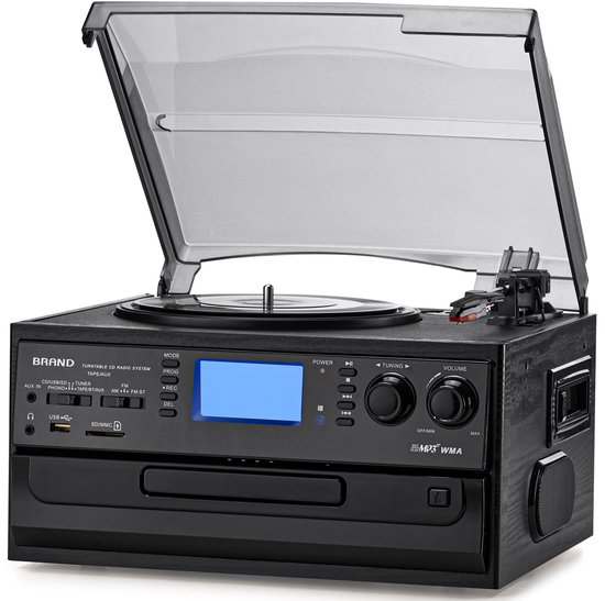 ORCC 10-in-1 Platenspeler Vintage - Bluetooth Vinyl Platenspeler met CD, USB, SD, AUX, RCA, Ingebouwde Stereo Speakers, Afstandsbediening, 33/45/78 RPM en Houten Behuizing - Donkergrijs