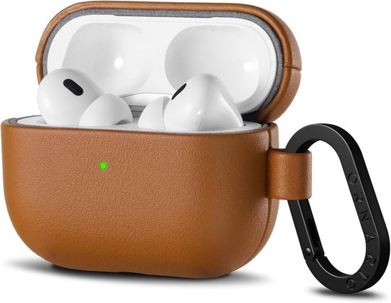 ORNARTO voor AirPods Pro 2 hoes, veganistisch lederen hoes, bruin leer | Veganistische lederen hoes, led aan de voorkant, draadloos opladen, krasbestendig, zachte aanraking, metalen karabijnhaak