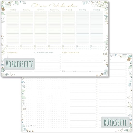 paper&you® weekplanner A4 zonder vaste datum "bladgoud" 50 vellen - afsprakenplanner met to-do lijst, boodschappenlijst, groot notitieveld & meer - duurzaam & klimaatvriendelijk