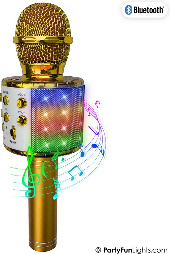PartyFunLights - Karaoke Microfoon Bluetooth - Goud - Karaoke Set - Voor Kinderen en Volwassenen - Draadloos - Echo - Met Speaker - LED Licht - Nederlandse Handleiding