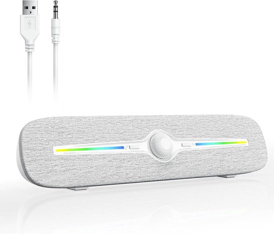 PC Luidspreker - Computer Soundbar - Muziek Luisteren - Kleurrijke LED Verlichting - 32 cm Breed - Wit