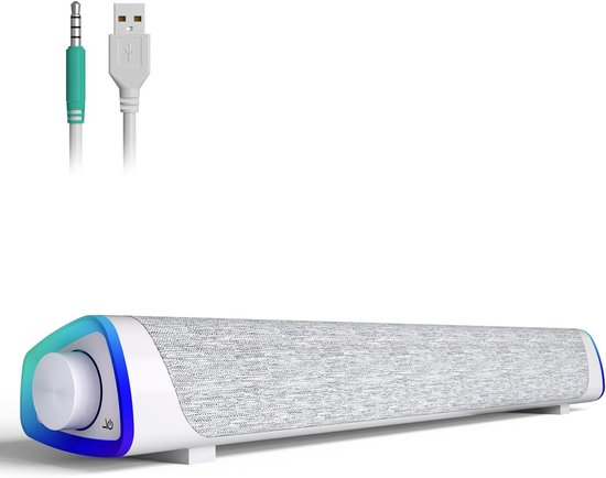 PC Luidsprekers - Soundbar Computer - Muziek Luisteren - Kleurrijke LED Verlichting - Compact Formaat - Wit