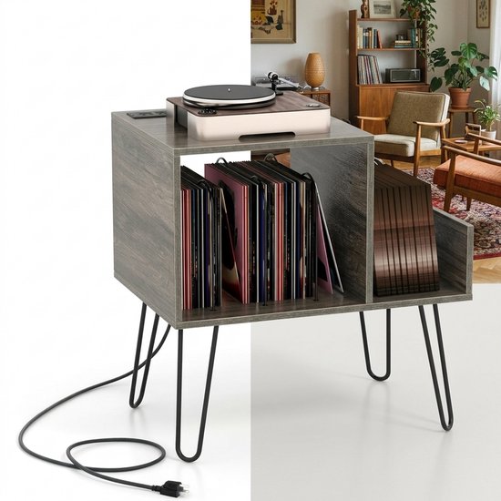 Platenspeler Meubel - LP-kast - Platenspelerkast - Draaitafelstandaard - Platenspelerstandaard - Vintage Displayplank - Grijs