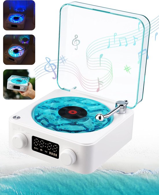 Platenspeler - Platenspeler bluetooth - Vinylspeler - platenspeler met speakers - Bluetooth-luidspreker - draagbare vintage vinylluidspreker met oceaangeluid en witte ruis - met instelbaar licht en timer voor slaapkamer, feest（Wit）