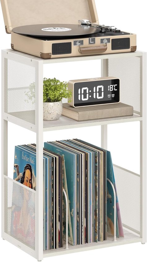 Platenspeler standaard - 3 etages - Bijzettafel - Opslag voor grammofoonplaten - Tot 100 albums - Tafel voor woonkamer en slaapkamer - Vintage wit