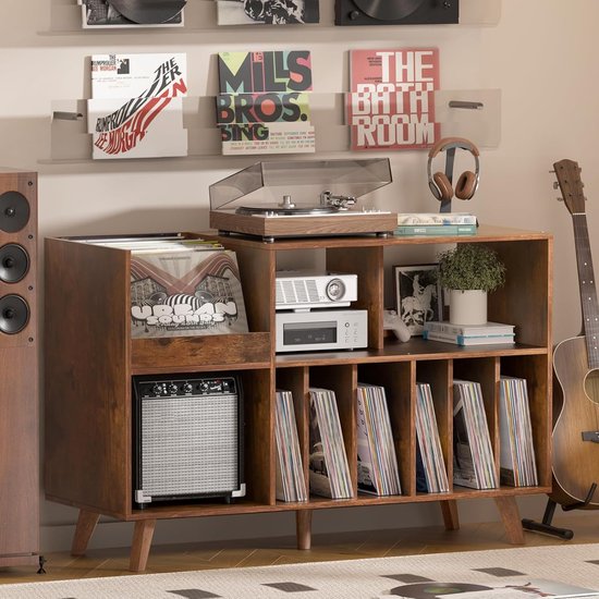 Platenspeler Tafel - Platenspeler Standaard - Vinyl Opbergkast voor 450+ Elpees - Grote Platenkast met Nu Afspelend Display - Vinyl Storage Meubel - Audiomeubel & Platenspeler Meubel - Platenhouder voor Woonkamer & Muziekkamer