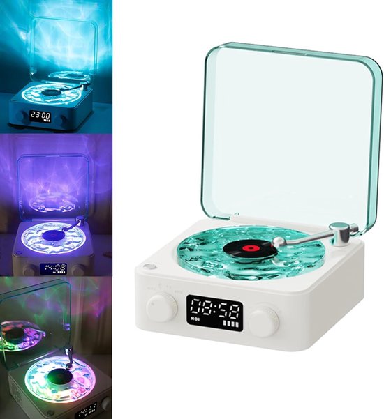 Platenspeler, Waves Bluetooth-speaker, draagbare vintage vinyl-speaker met instelbaar licht en tijdweergave voor slaapkamer en feestjes, wit