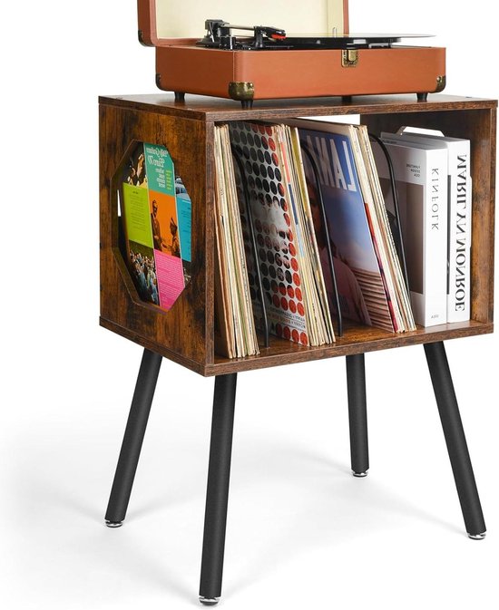 Platenspelerstandaard - Rustieke platenopbergkasthouder met metalen poten - Voor 150 albums - Draaitafelstandaard voor slaapkamer en woonkamer - Bruin platenspeler meubel van Hemudu