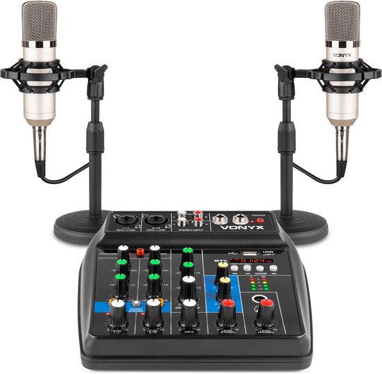 Podcast set - Vonyx VMM100 podcast starterset met 2x podcast microfoon en mixer voor podcast studio