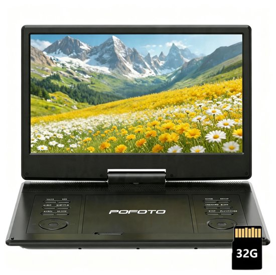 POFOTO 15.7" draagbare dvd-speler - met 14" groot HD-scherm - 6 uur oplaadbare batterij - ondersteuning voor USB/SD-kaart/Sync TV en meerdere schijfformaten - luidspreker met hoog volume - Inclusief 32GB kaart