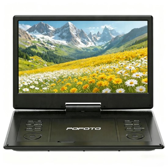 POFOTO 15.7" draagbare dvd-speler - met 14" groot HD-scherm - 6 uur oplaadbare batterij - ondersteuning voor USB/SD-kaart/Sync TV en meerdere schijfformaten - luidspreker met hoog volume - zwart