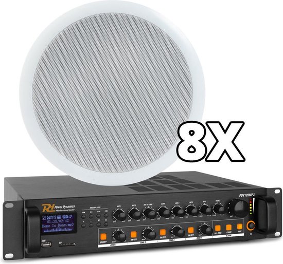 Power Dynamics 100V Bluetooth geluidsinstallatie met 8 plafondspeakers voor kantoor, praktijk, restaurant, etc. - 4 apart regelbare zones! van Power Dynamics