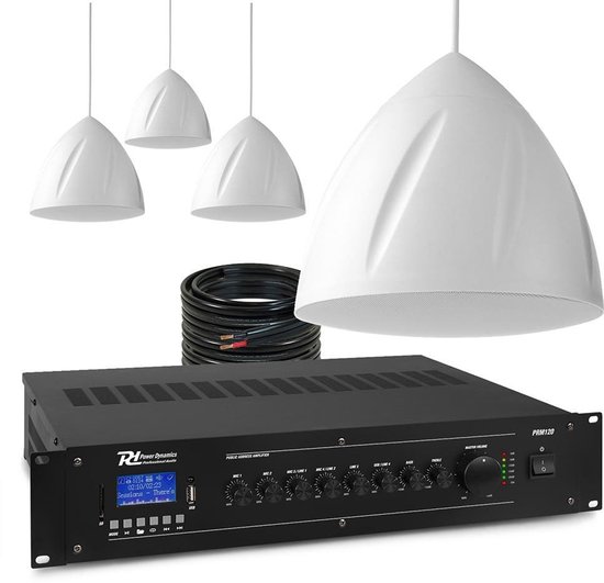 Power Dynamics 100V geluidsinstallatie met 4 hangende speakers en versterker - 120W - Wit