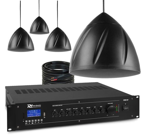 Power Dynamics 100V geluidsinstallatie met 4 hangende speakers en versterker - 120W - Zwart