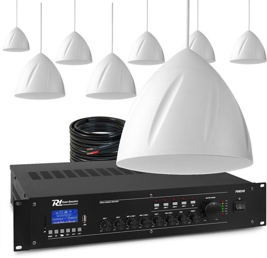 Power Dynamics 100V geluidsinstallatie met 8 hangende speakers en 4-zone versterker - 240W - Wit