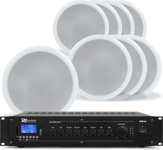 Power Dynamics 100V plafondspeaker set - 8 witte speakers en versterker - met Bluetooth - 120W van Power Dynamics