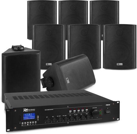 Power Dynamics 100V set voor buitenterras of overkapping - 8 speakers & 4-zone versterker - Bluetooth van Power Dynamics
