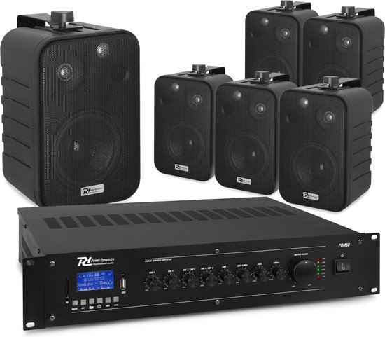 Power Dynamics 100V speakerset met 6 speakers en versterker - Bluetooth - 60W - Zwart van Merkloos