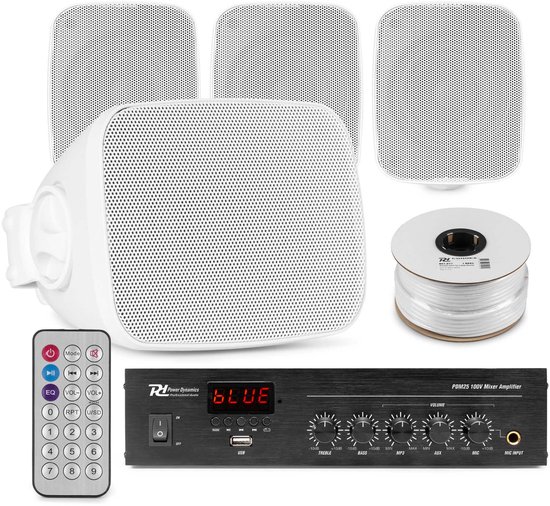 Power Dynamics buiten speakers set van 4 waterdichte mini speakers - Bluetooth en FM radio - Wit