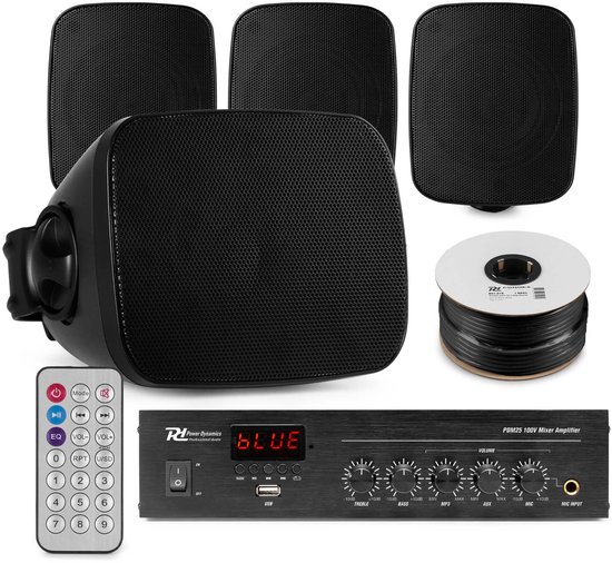 Power Dynamics buiten speakers set van 4 waterdichte mini speakers - Bluetooth en FM radio - Zwart