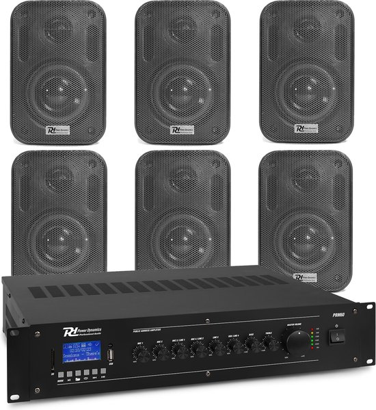 Power Dynamics buitenspeakerset - 6x zwarte 60W speakers en 100V versterker - Bluetooth & mp3 speler van Merkloos