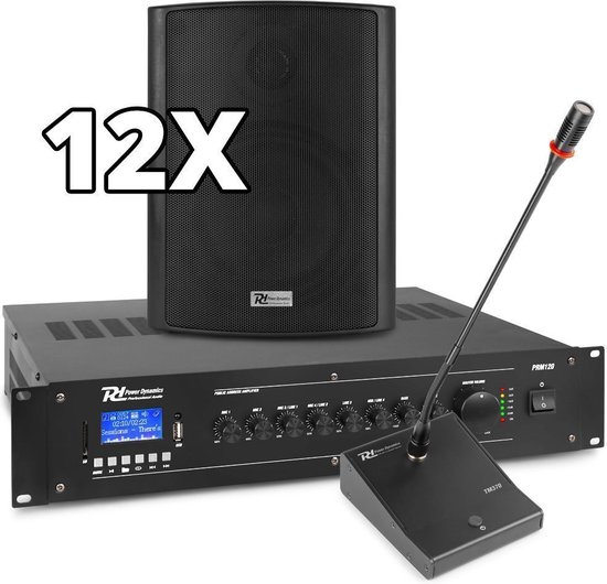 Power Dynamics complete 100V muziekinstallatie / omroepinstallatie met 12 speakers, 120W Bluetooth versterker en kabels - Compleet pakket! van Power Dynamics