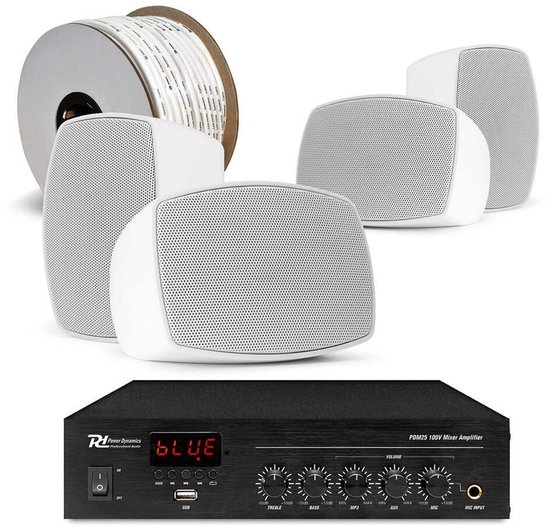 Power Dynamics complete buiten speaker set - 4x waterdichte mini speakers en 100V versterker - Wit