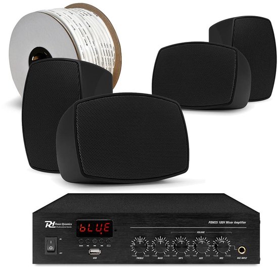Power Dynamics complete buiten speaker set - 4x waterdichte speakers en 100V versterker - Zwart van Merkloos