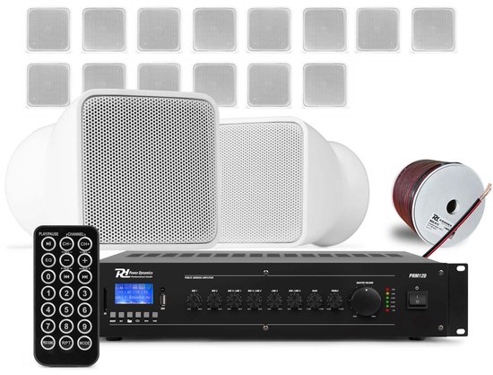 Power Dynamics complete geluidsinstallatie - 16 mini speakers voor winkel of kantoor - 100V - Wit