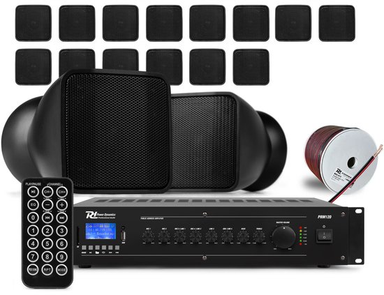 Power Dynamics complete geluidsinstallatie - 16 mini speakers voor winkel of kantoor - 100V - Zwart van Merkloos