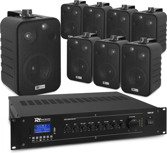 Power Dynamics installatie speakerset - Set van 8 speakers en versterker - Bluetooth - 100V - Zwart van Power Dynamics