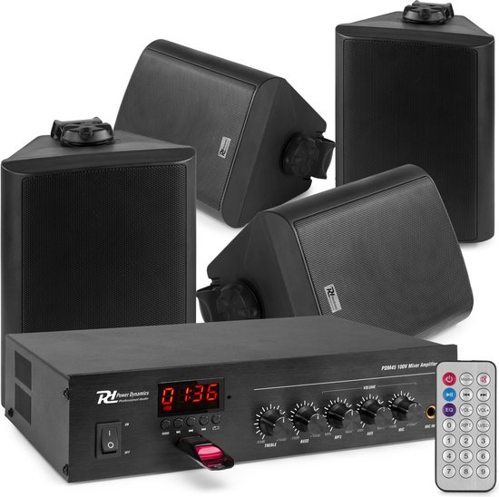 Power Dynamics PBA30 100V geluidsinstallatie met 4 zwarte weerbestendige 5 inch opbouw speakers van Merkloos