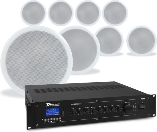 Power Dynamics Plafondspeaker set met 8 witte inbouwspeakers - 100V - Inclusief Bluetooth - 5 inch