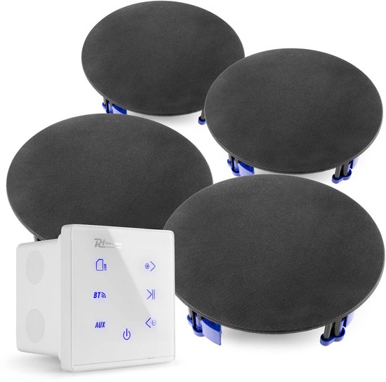 Power Dynamics Powerline A100W Set met witte inbouw versterker en 4 zwarte plafondspeakers