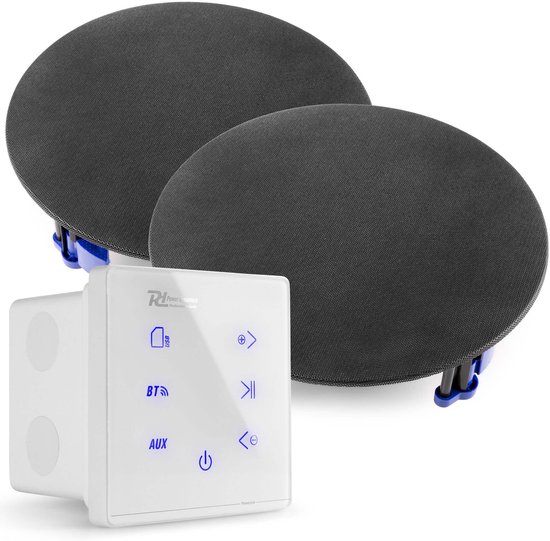 Power Dynamics Powerline A50W Set met witte inbouw versterker en 2 zwarte plafondspeakers