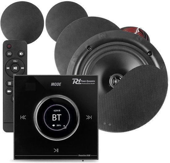 Power Dynamics Powerline B100B inbouw versterker met 4 plafondspeakers - 6.5 inch - 4x 25W - Zwart van Merkloos