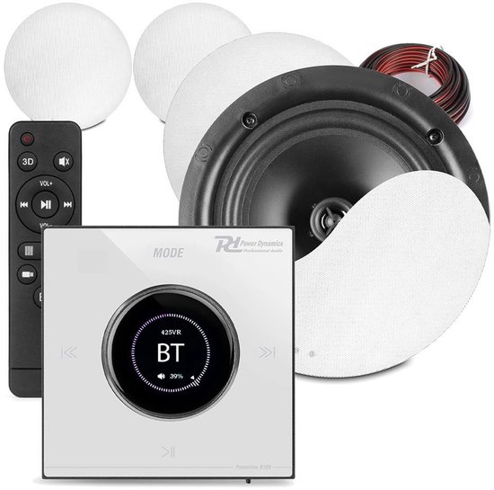 Power Dynamics Powerline B100W inbouw versterker met 4 plafondspeakers - 6.5 inch - 4x 25W - Wit van Merkloos