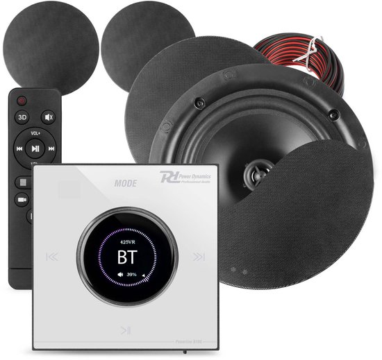 Power Dynamics Powerline B100W inbouw versterker met 4 plafondspeakers - 6.5 inch - 4x 25W - Zwart