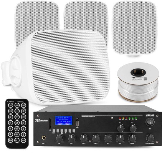 Power Dynamics set van 4 buiten speakers - 2-zone versterker met mini speakers - Bluetooth - Wit